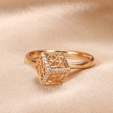 Unique Hollow Pattern Three-Dimensional Square Rolled 14K Rose Gold AAA Zircon Diamonds Vintage Ring for Women